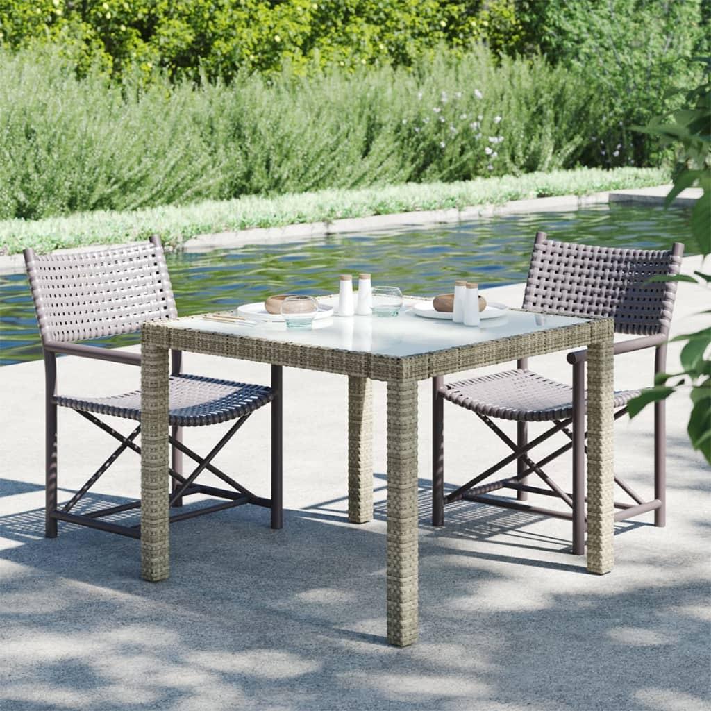 Havebord 90x90x75 cm hærdet glas og polyrattan grå