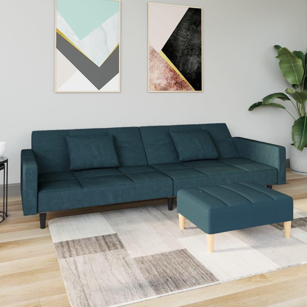 2-personers sovesofa med 2 puder og fodskammel fløjl blå