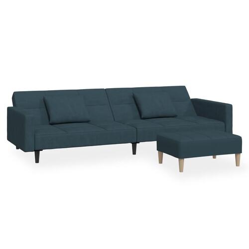 2-personers sovesofa med 2 puder og fodskammel fløjl blå