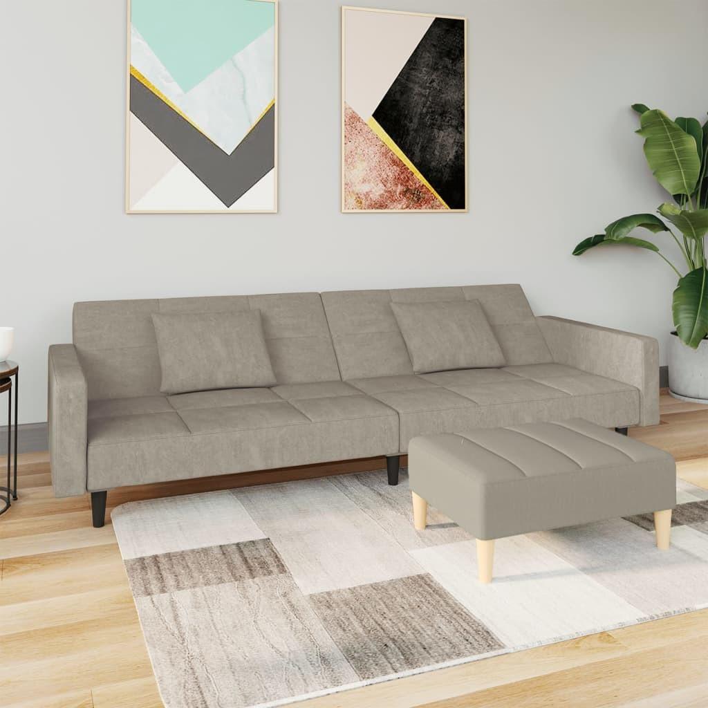 2-personers sovesofa med 2 puder og fodskammel fløjl lysegrå