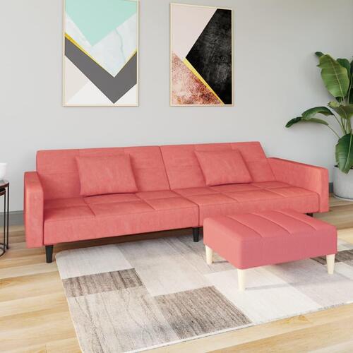 2-personers sovesofa med 2 puder og fodskammel fløjl pink