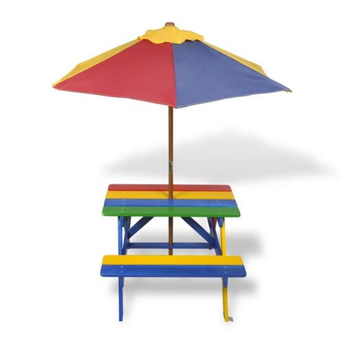 Bord- og bænkesæt til børn med parasol træ flerfarvet