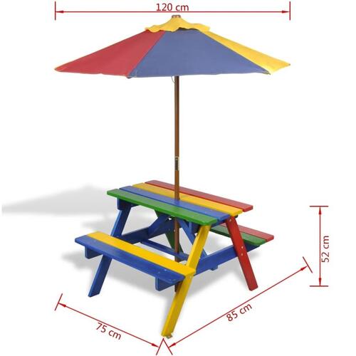 Bord- og bænkesæt til børn med parasol træ flerfarvet