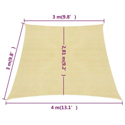 Solsejl 3/4 x 3 m - HDPE 160 g/m², beige, trapez