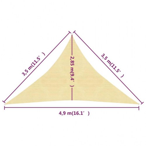 Solsejl trekant 3,5×3,5×4,9 m - HDPE 160 g/m², beige
