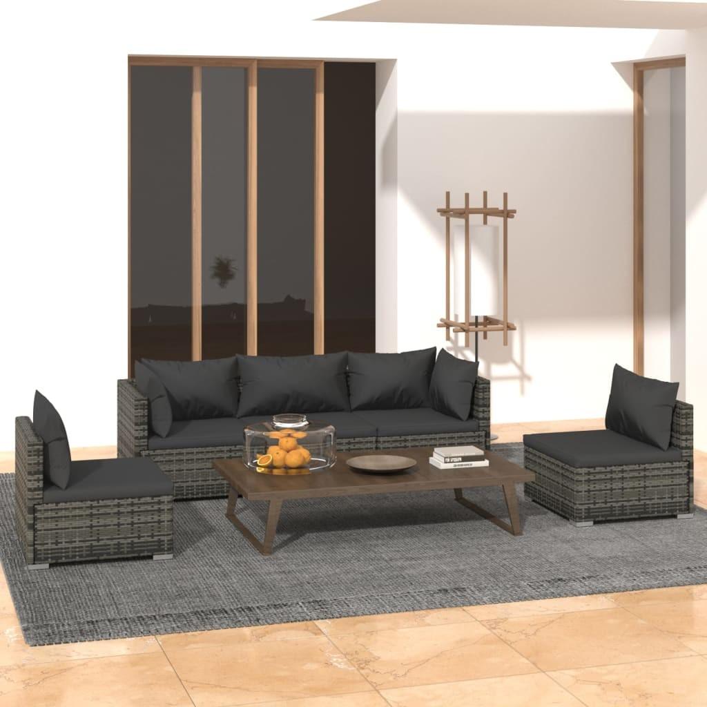 Loungesæt Til Haven 4 Dele Med Hynder Polyrattan Grå Grå Og Antracitgrå - 2x hjørnedel 3x midterdel