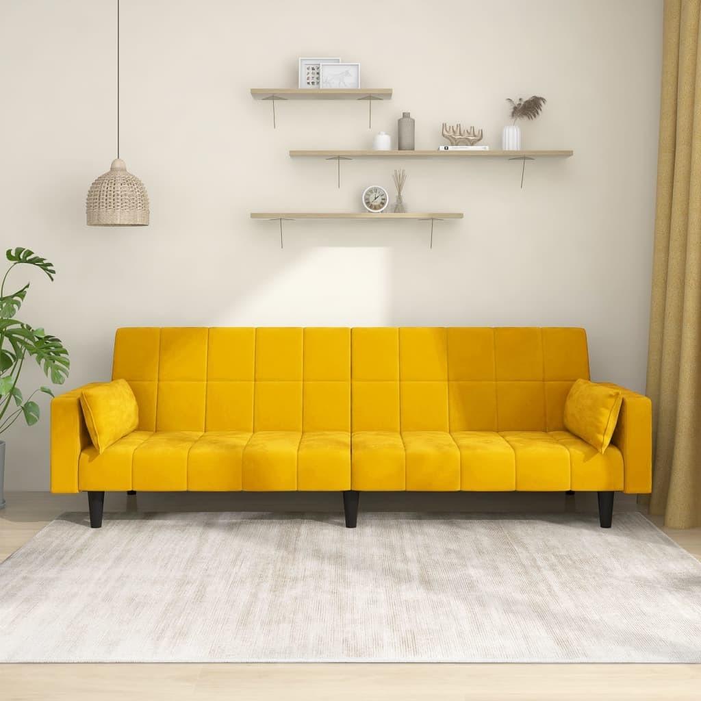 2-personers sovesofa med 2 puder fløjl gul
