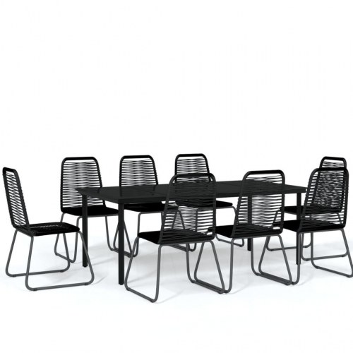 Spisebordssæt til haven 9 dele - sort glasbord og polyrattan stole