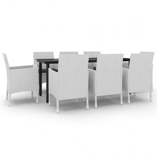 Spisebordssæt til haven 9 dele med hynder, polyrattan og glas