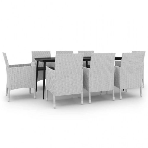 Spisebordssæt til haven 9 dele med hynder, polyrattan og glas - hvid/sort