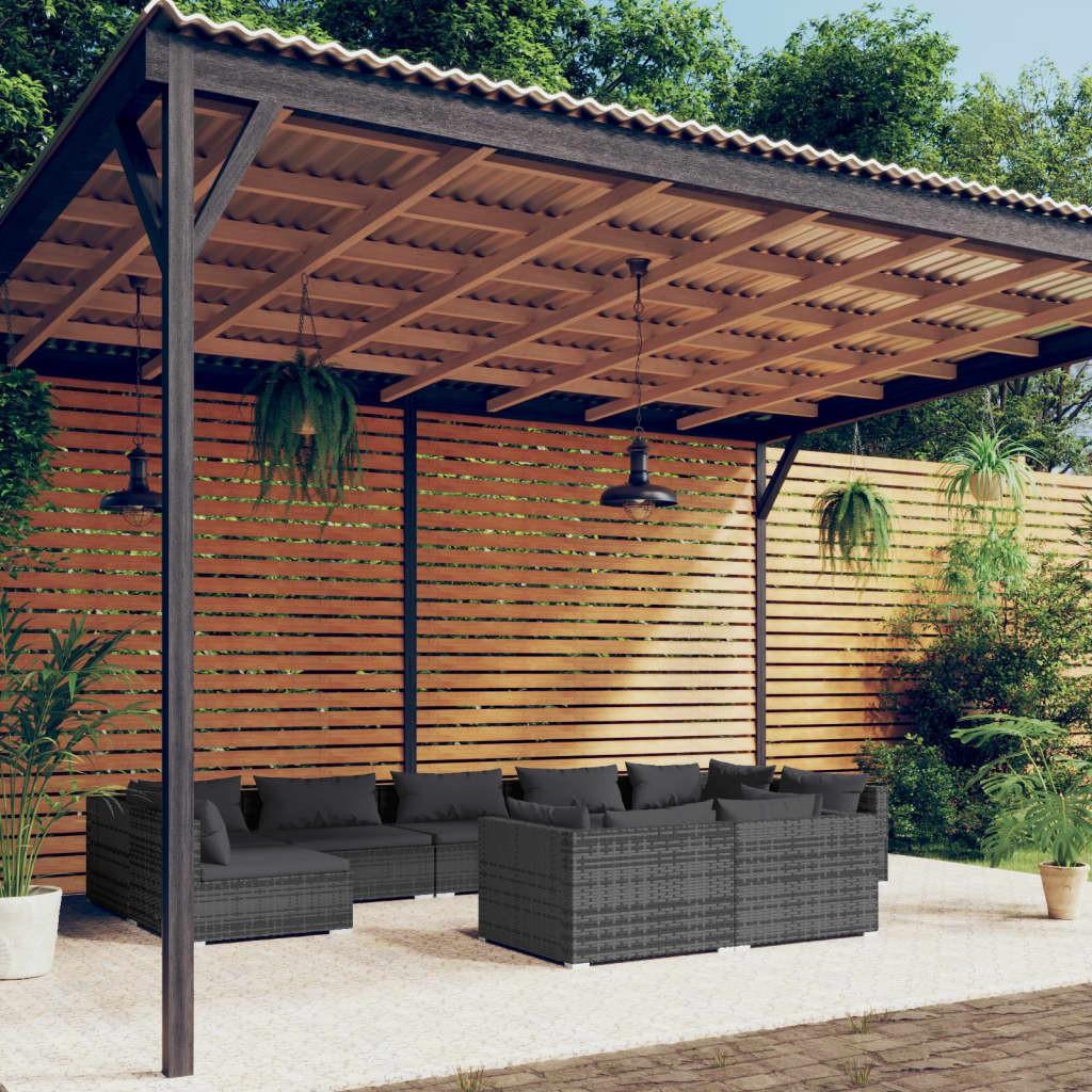 Loungesæt til haven i polyrattan - 9 dele med hynder, grå