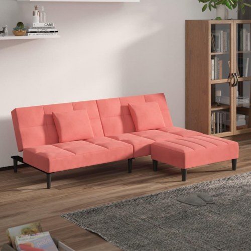 2-personers sovesofa med 2 puder og fodskammel fløjl pink