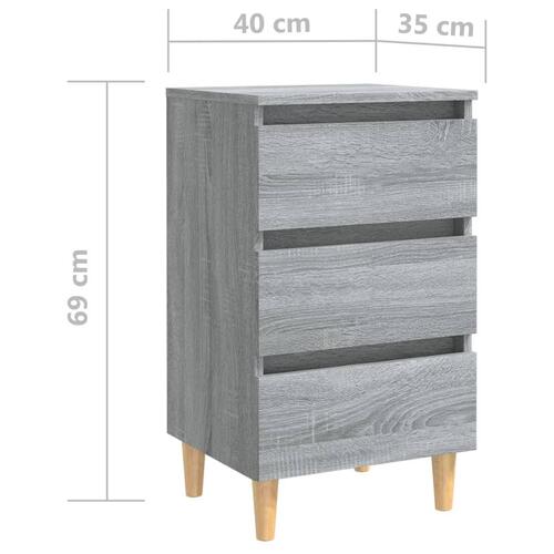 Sengebord med massive træben 40x35x69 cm grå sonoma-eg