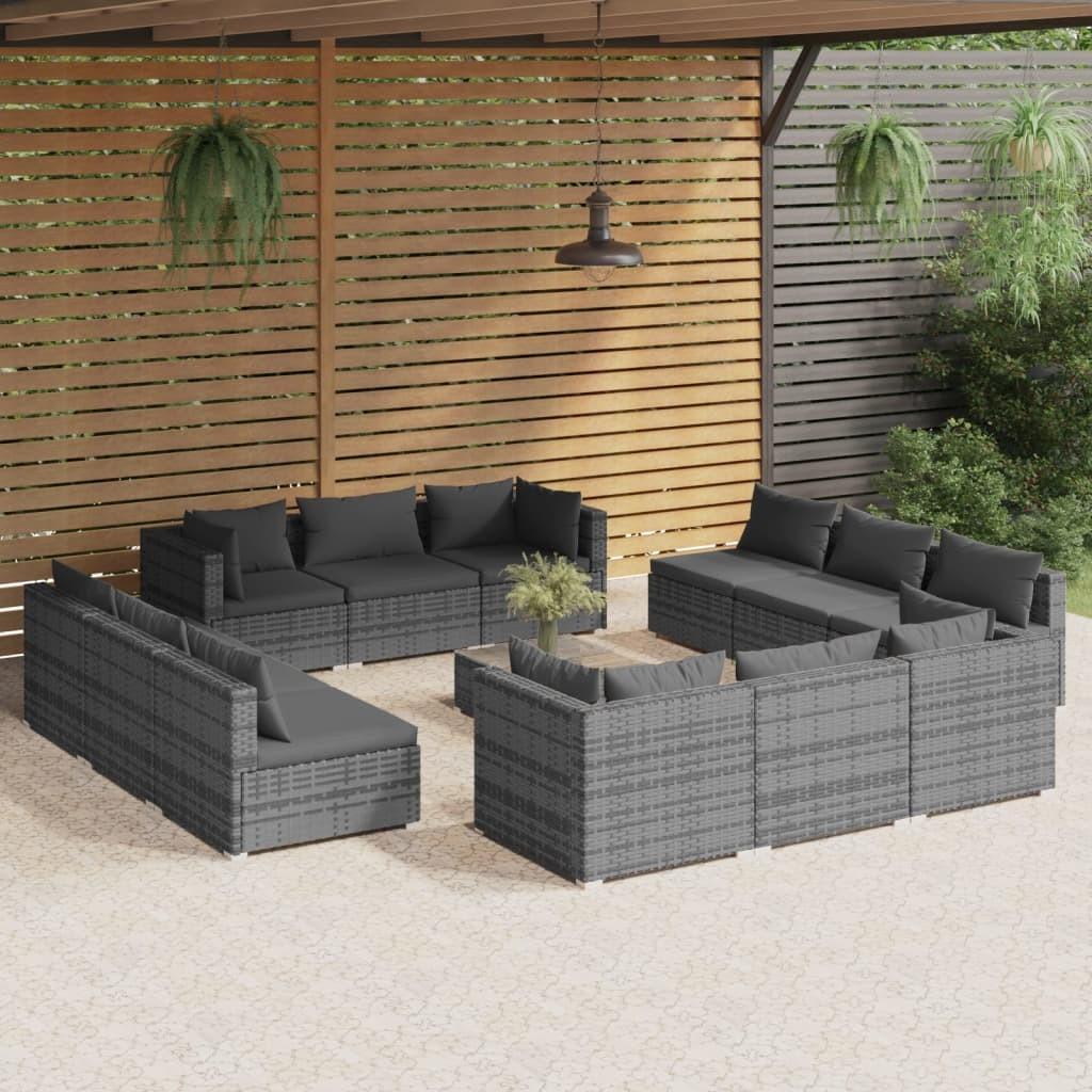 Loungesæt til haven 13 dele med hynder i polyrattan grå