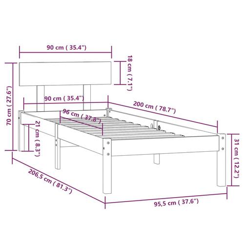 Sengeramme 90x200 cm massivt fyrretræ hvid