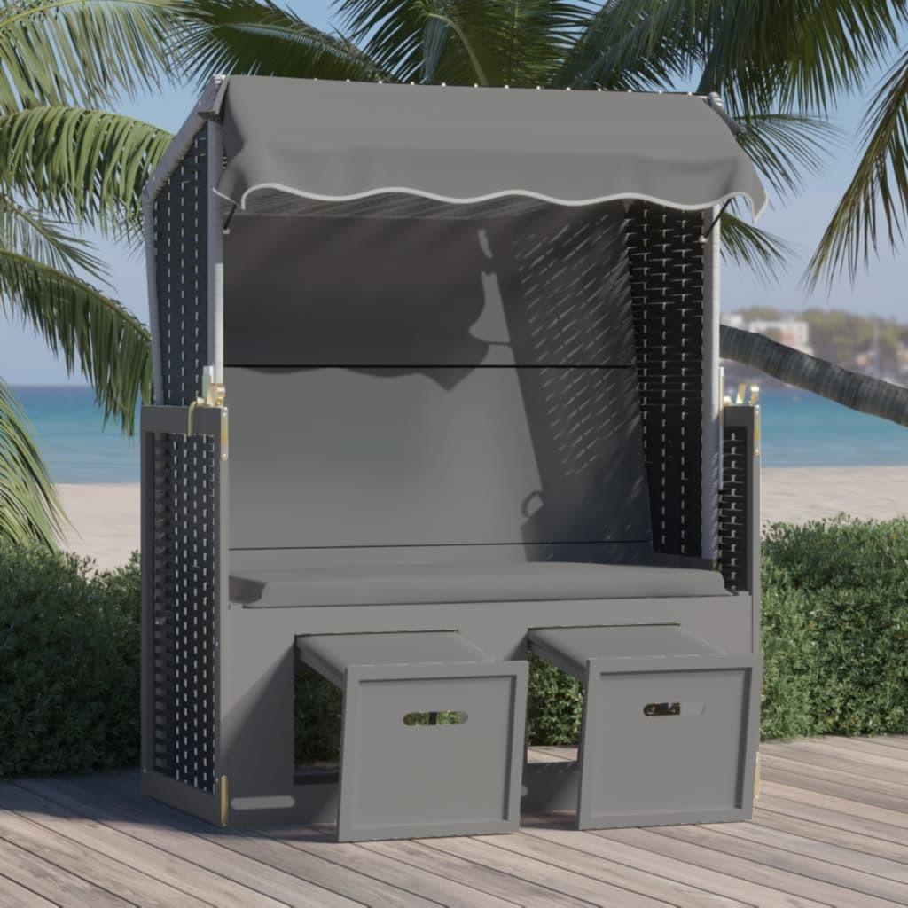 Strandstol m. baldakin polyrattan + massivt træ antracit + sort