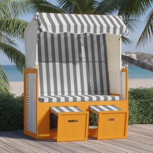 Strandstol med baldakin polyrattan og massivt træ hvid og grå
