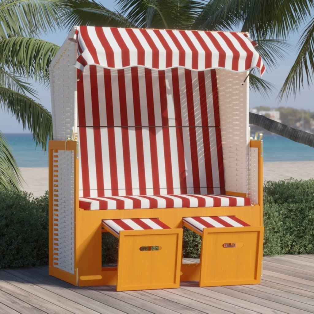 Strandstol med baldakin polyrattan og massivt træ rød og hvid