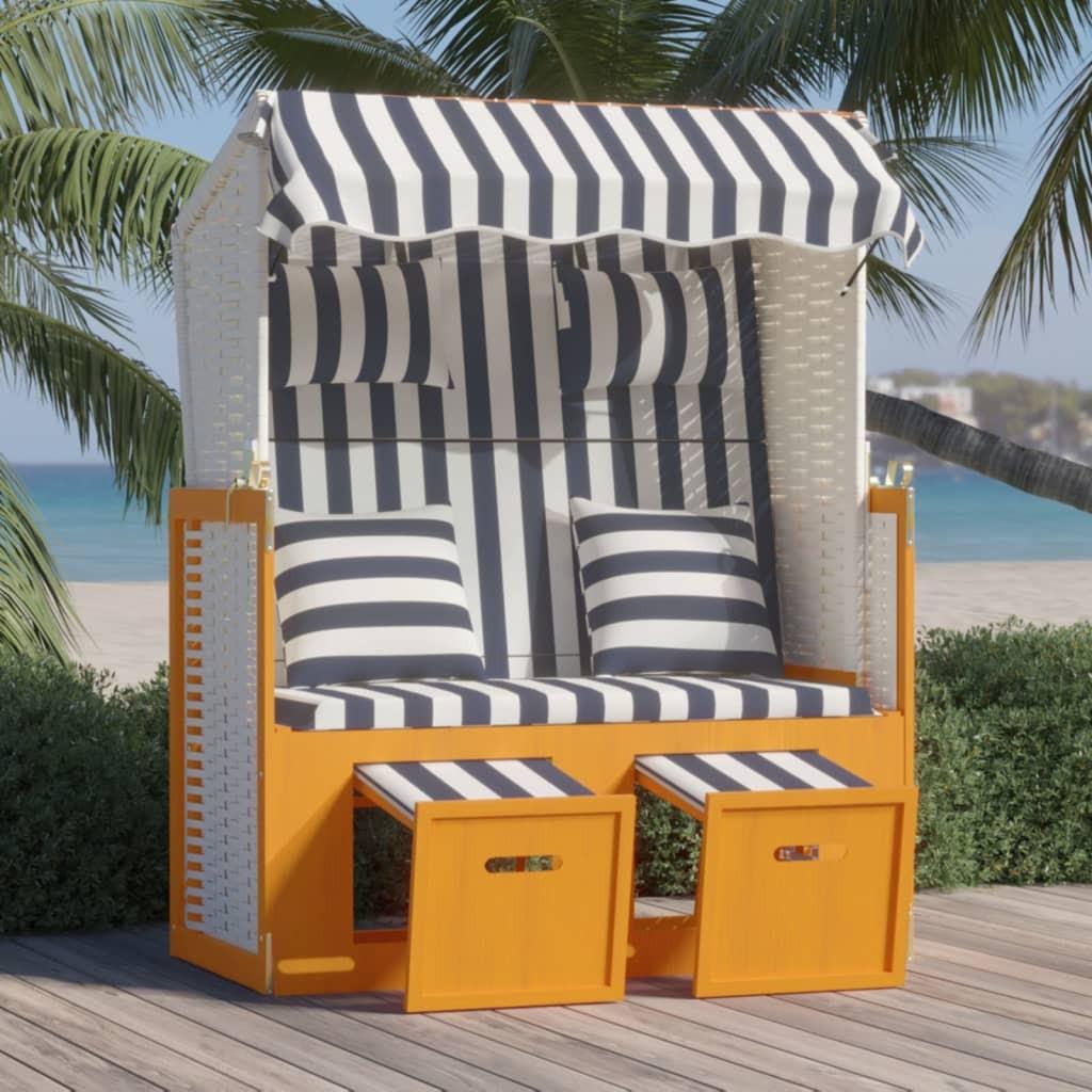 Strandstol med hynder polyrattan og massivt træ hvid og blå