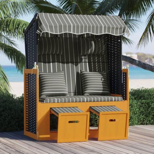 Strandstol med hynder polyrattan og massivt træ sort og grå