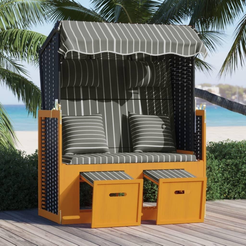 Strandstol med hynder polyrattan og massivt træ sort og grå