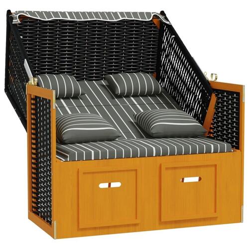 Strandstol med hynder polyrattan og massivt træ sort og grå