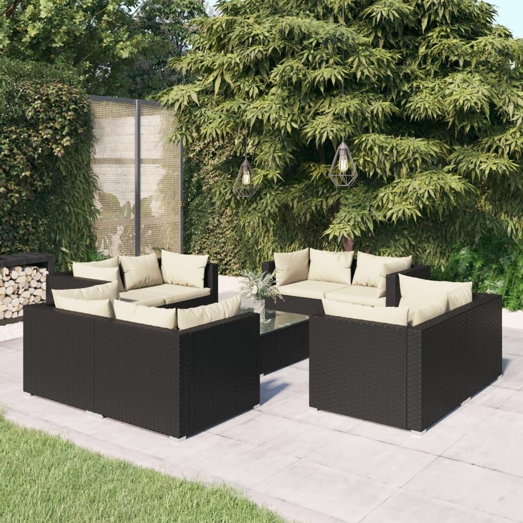 Loungesæt Til Haven 5 Dele Med Hynder Polyrattan Sort - Sort og cremefarvet / 8x hjørnedel bord