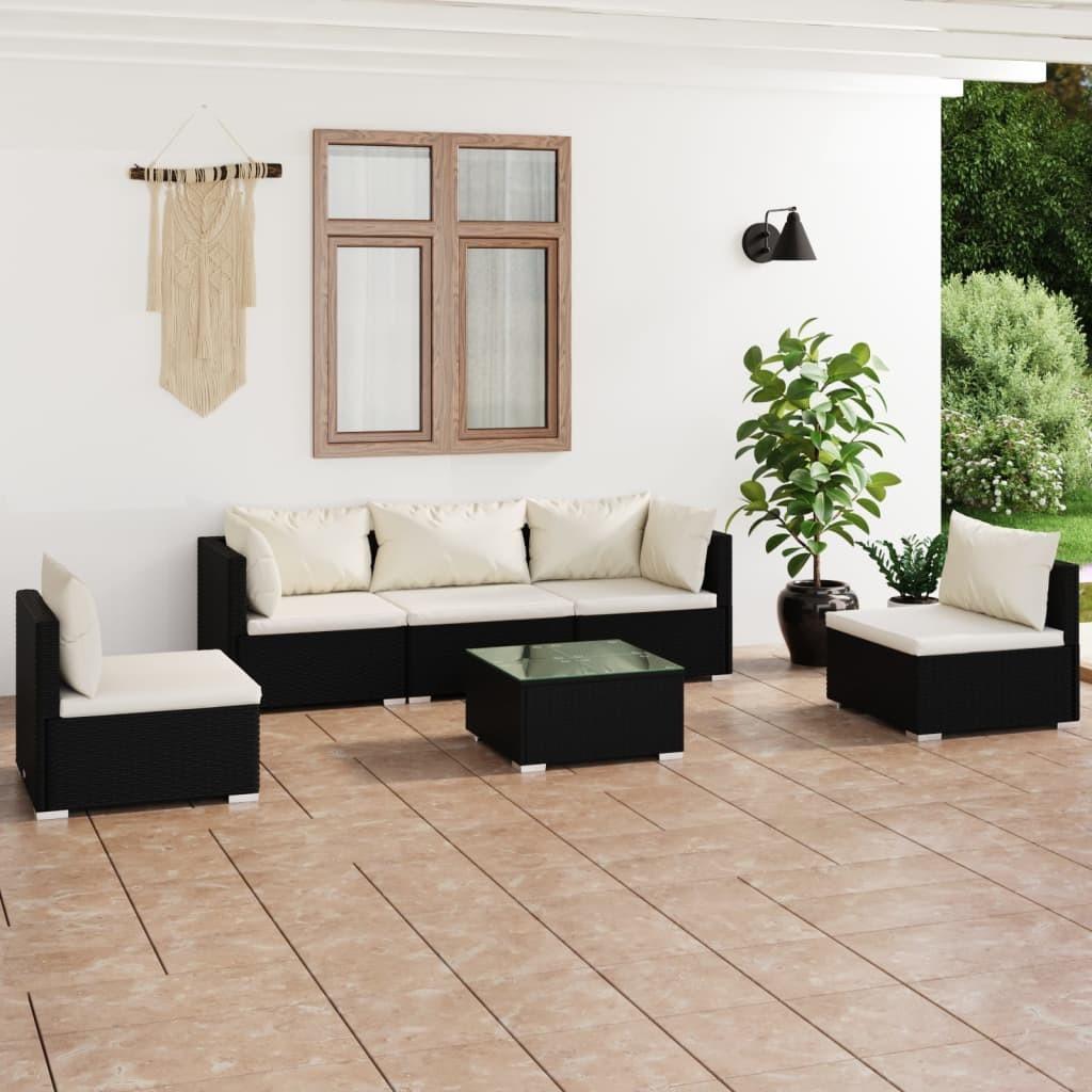 Loungesæt Til Haven 4 Dele Med Hynder Polyrattan Sort Sort Og Cremefarvet - 2x hjørnedel 3x midterdel bord