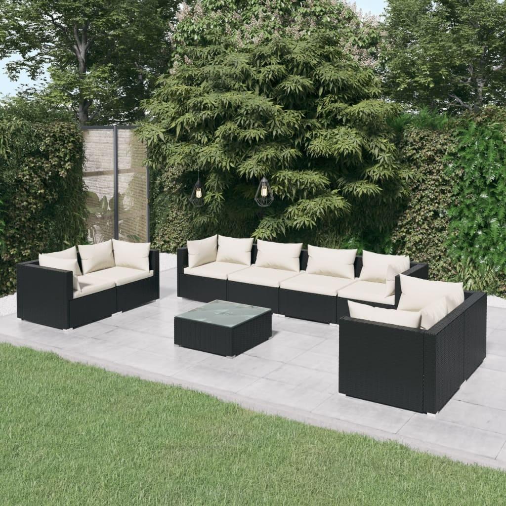 Loungesæt Til Haven 4 Dele Med Hynder Polyrattan Sort Sort Og Cremefarvet - 6x hjørnedel 2x midterdel bord