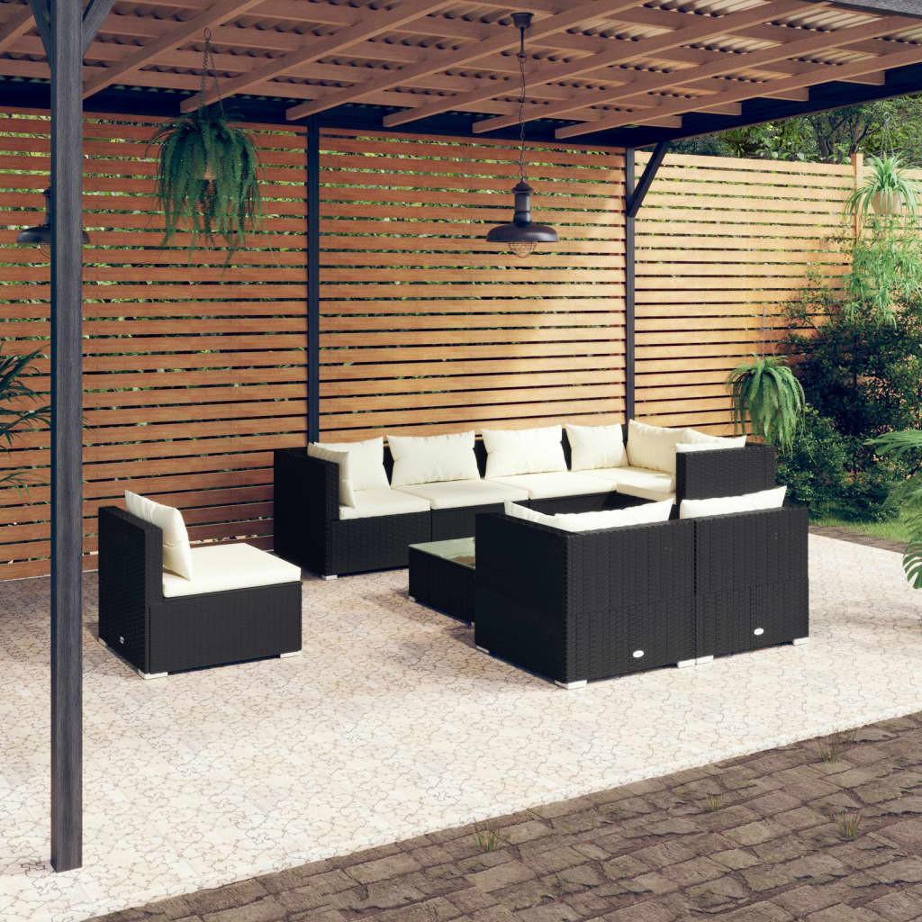 Loungesæt til haven i polyrattan - 9 dele, sort med creme hynder
