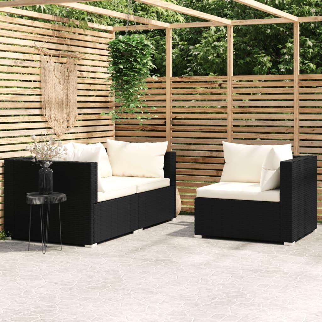 Loungesæt Til Haven 3 Dele Med Hynder Polyrattan Sort - Sort og cremefarvet