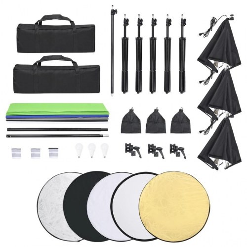 Belysningssæt til fotostudie med baggrunde og reflektor