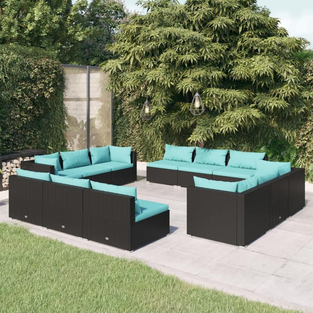 Loungesæt Til Haven 5 Dele Med Hynder Polyrattan Sort - Sort og blå / 4x hjørnedel 8x midterdel