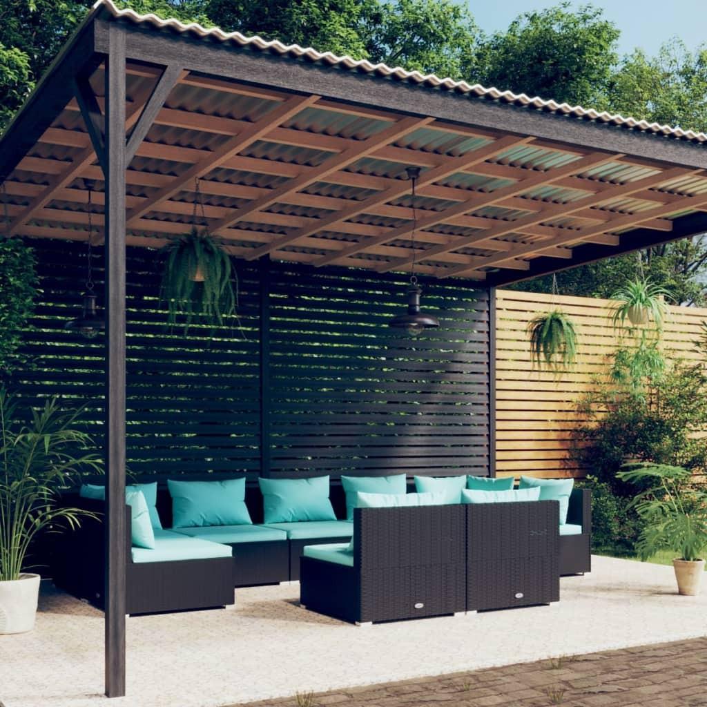 Loungesæt Til Haven 9 Dele Med Hynder Polyrattan Sort Sort Og Aquablå - 2x hjørnedel 7x midterdel