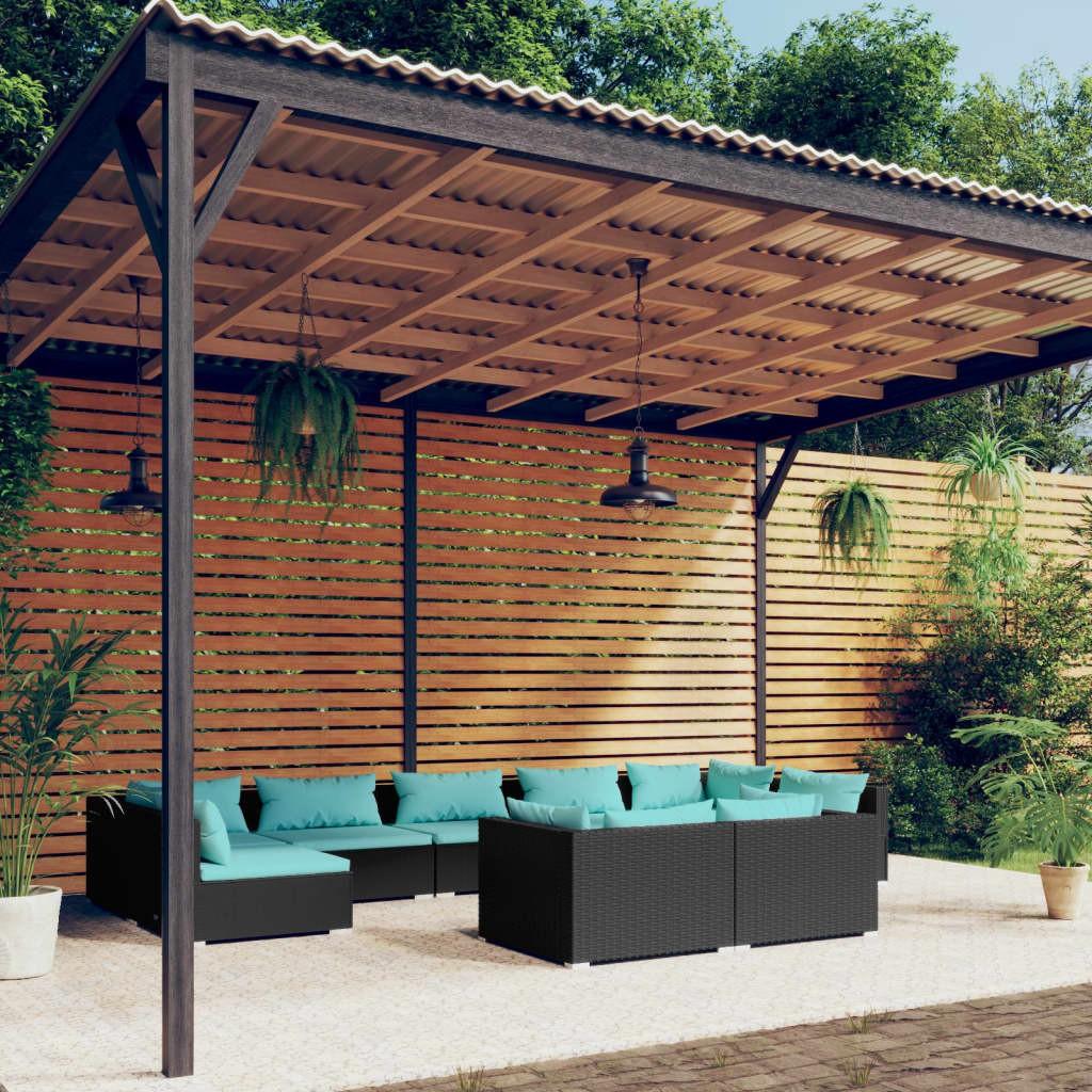 Loungesæt Til Haven 9 Dele Med Hynder Polyrattan Sort Sort Og Aquablå - 4x hjørnedel 5x midterdel