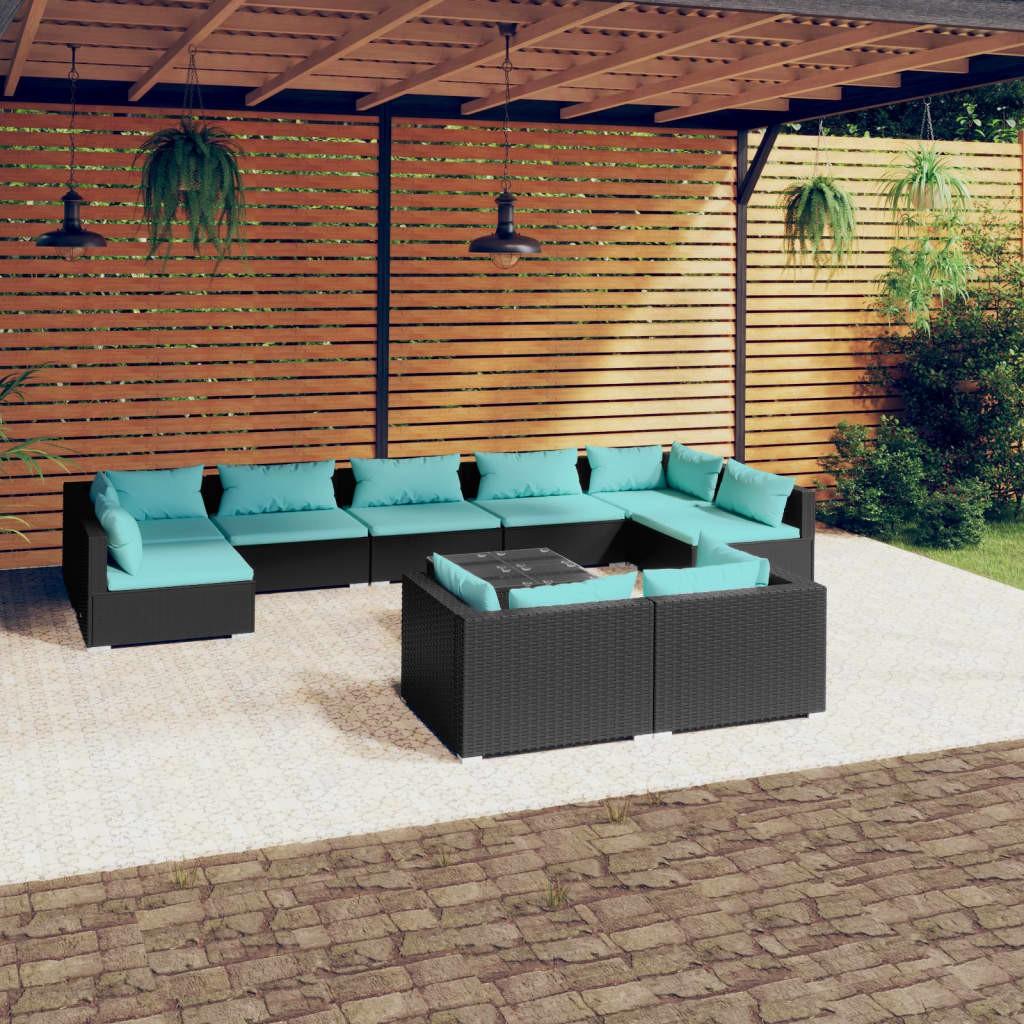 Loungesæt Til Haven 9 Dele Med Hynder Polyrattan Sort Sort Og Aquablå - 4x hjørnedel 5x midterdel bord