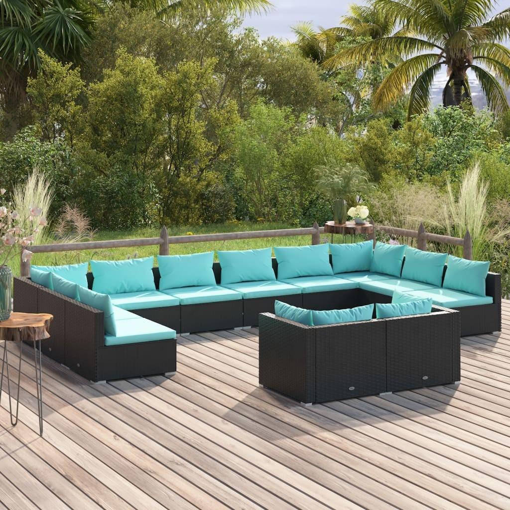 Loungesæt Til Haven 9 Dele Med Hynder Polyrattan Sort Sort Og Aquablå - 4x hjørnedel 8x midterdel