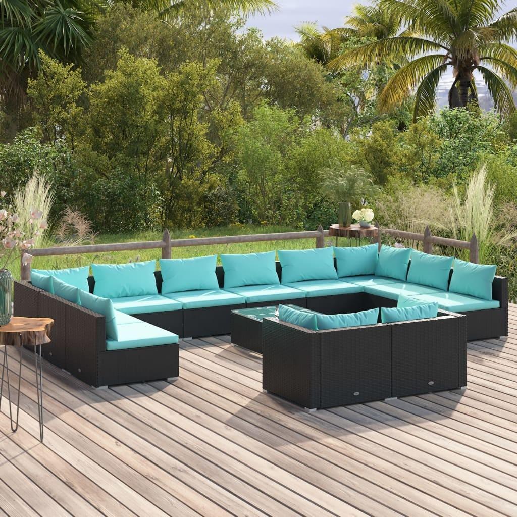 Loungesæt Til Haven 9 Dele Med Hynder Polyrattan Sort Sort Og Aquablå - 4x hjørnedel 8x midterdel bord