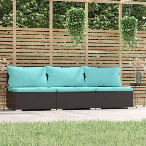 3-personers havesofa i sort polyrattan med akvamarinblå hynder - modulopbygget
