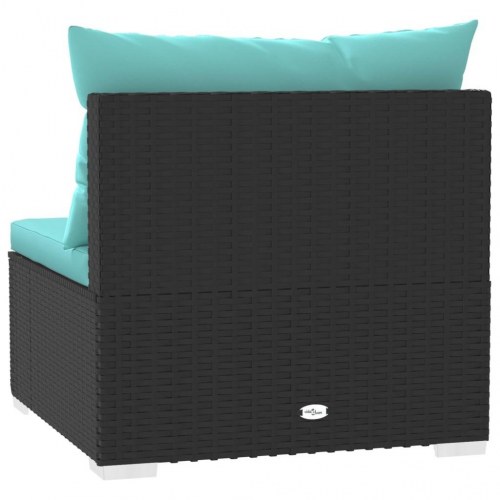 3-personers havesofa i sort polyrattan med akvamarinblå hynder - modulopbygget