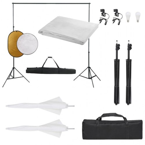 Fotostudiesæt med lampesæt, baggrund og 5-i-1 reflektor