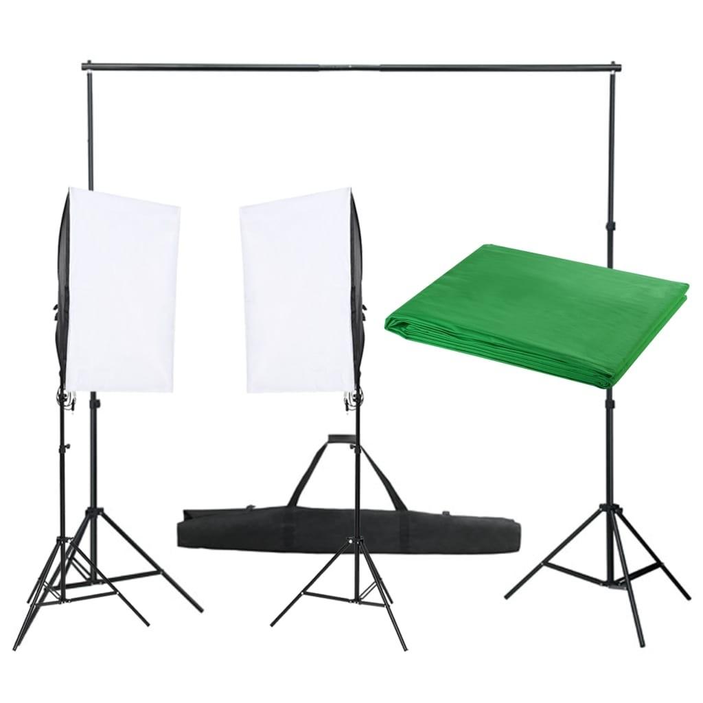 Fotostudiesæt med lampesæt og grøn baggrund 6 x 3 m