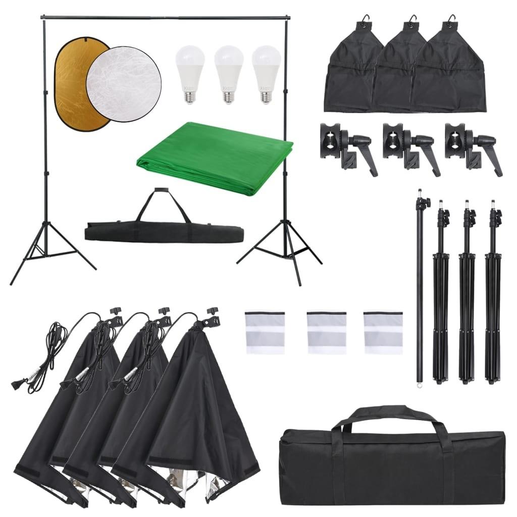 Fotostudiesæt med lampesæt, baggrund og reflektor