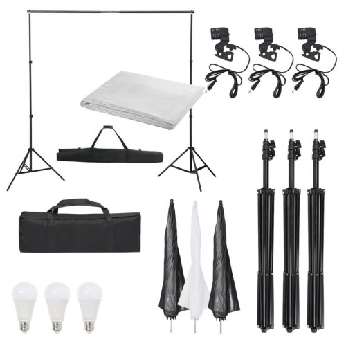 Fotostudiesæt med lampesæt og hvid baggrund - 3 lamper, 3 paraplyer og stativer