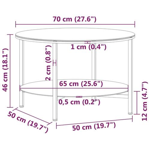 Stuebord 70 cm hærdet glas sort og hvid marmoreffekt