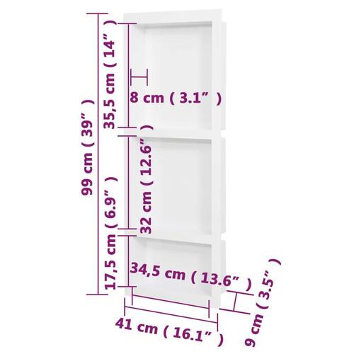 Bruseniche med 3 rum 41x99x9 cm mat hvid