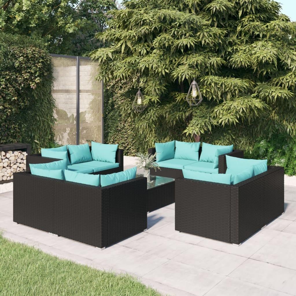 Loungesæt Til Haven 5 Dele Med Hynder Polyrattan Sort - Sort og blå / 8x hjørnedel bord