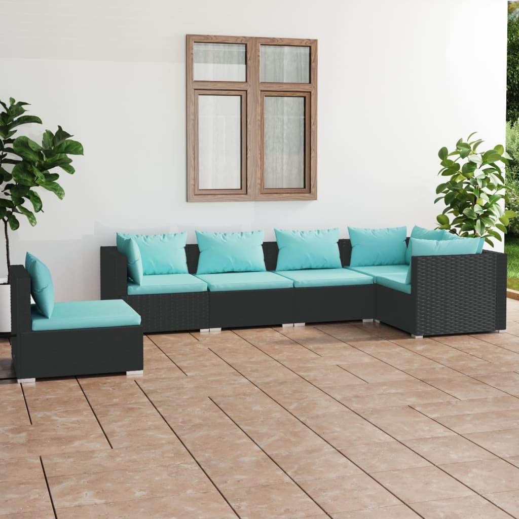 Loungesæt Til Haven 5 Dele Med Hynder Polyrattan Sort - Sort og aquablå / 3x hjørnedel 3x midterdel