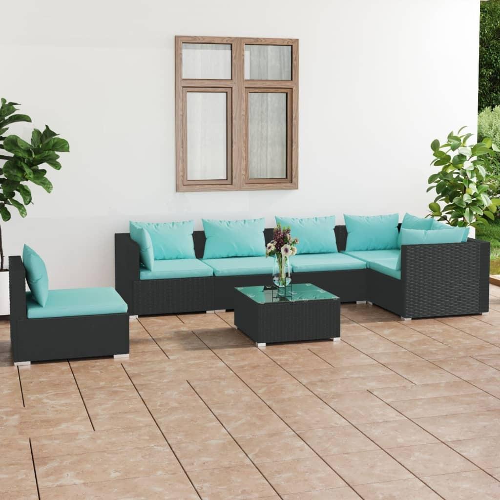 Loungesæt Til Haven 5 Dele Med Hynder Polyrattan Sort - Sort og aquablå / 3x hjørnedel 3x midterdel bord