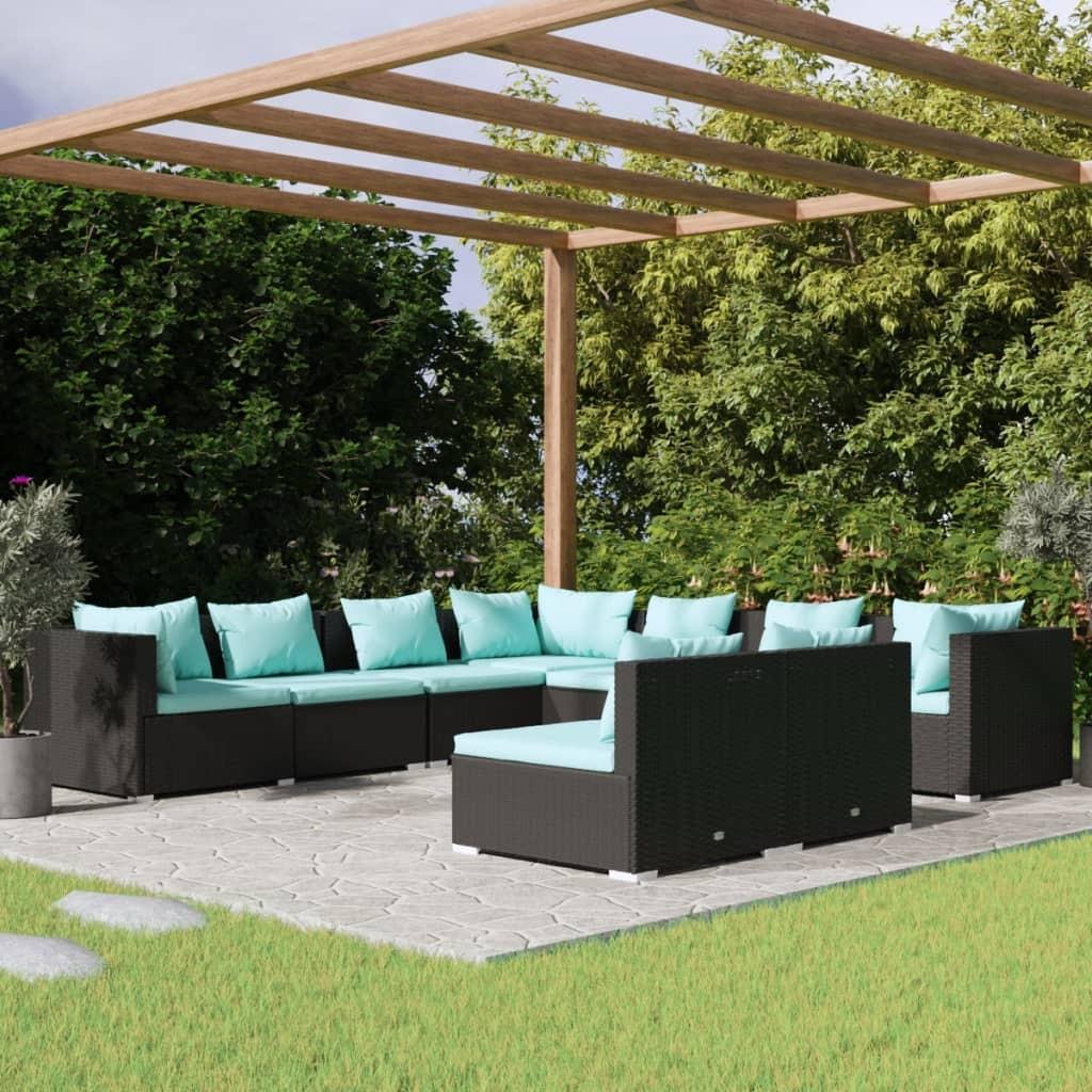 Loungesæt Til Haven 7 Dele Med Hynder Polyrattan Sort Sort Og Aquablå - 3x hjørnedel 6x midterdel